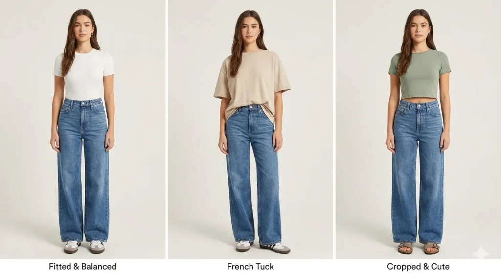 Style guide for wide-leg jeans featuring three looks: fitted and balanced with a white t-shirt, a French tuck with a beige shirt, and a cropped olive green top.
