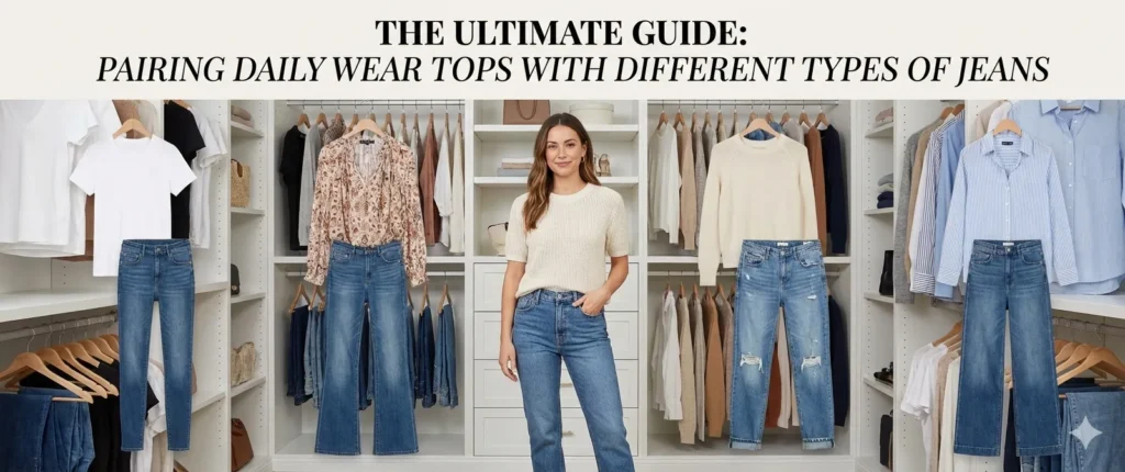 A wide banner image titled "The Ultimate Guide: Pairing Daily Wear Tops with Different Types of Jeans." The image features a smiling woman in a bright, organized walk-in closet, surrounded by four distinct outfit pairings: skinny jeans with a white tee, flared jeans with a floral blouse, distressed jeans with a cream sweater, and straight-leg jeans with a blue button-down shirt.