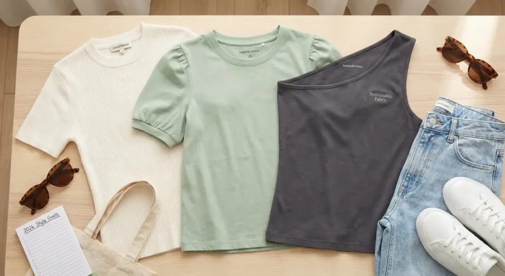 A flat-lay collection of trending 2026 girls' daily wear tops featuring a white ribbed top in 'Cloud Dancer' shade, a sage green puff-sleeve cotton tee, and a charcoal asymmetrical neckline top paired with denim jeans.