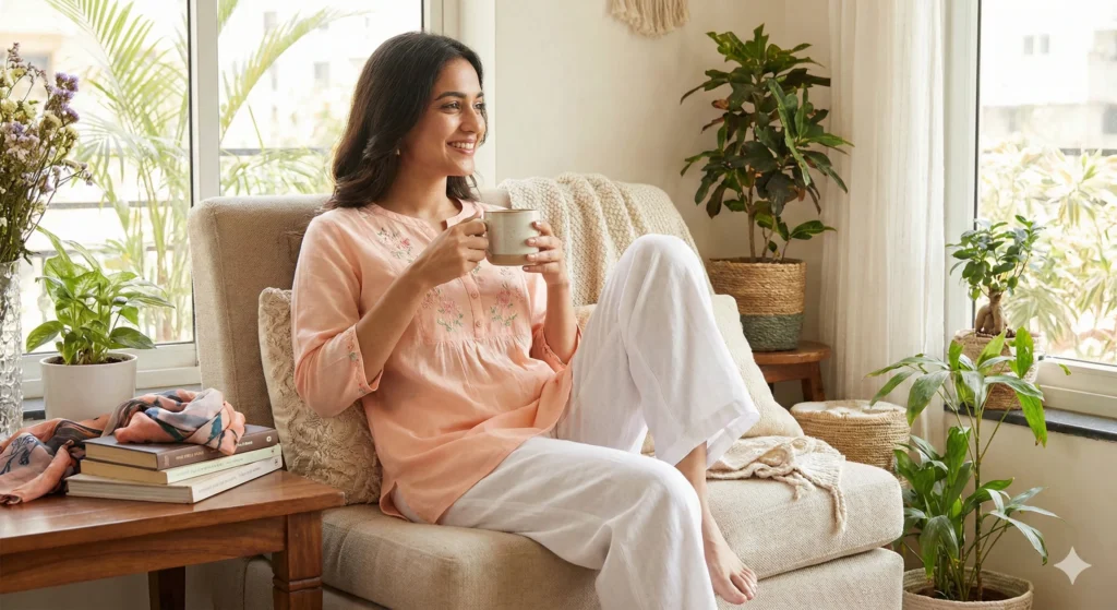 A woman smiling and relaxing in an armchair by a bright window, wearing a comfortable, breathable peach embroidered daily wear tunic top and white linen pants from MuktiFashion.