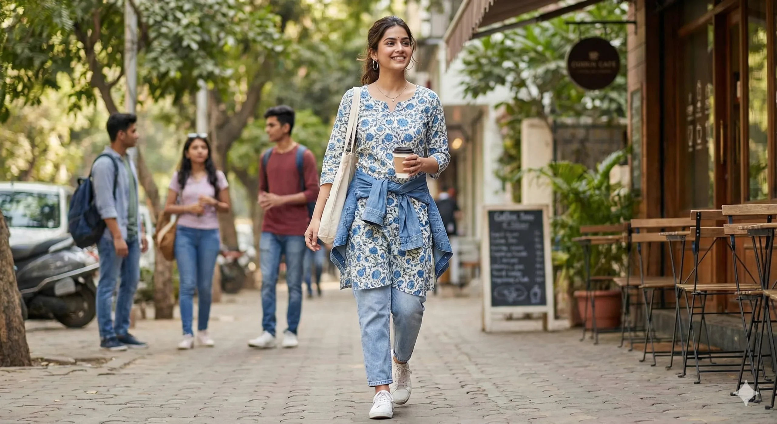 A young woman smiling while walking on a city street, wearing a blue and white floral printed MuktiFashion daily wear top paired with light-wash jeans and a denim jacket tied around her waist for a casual college look.