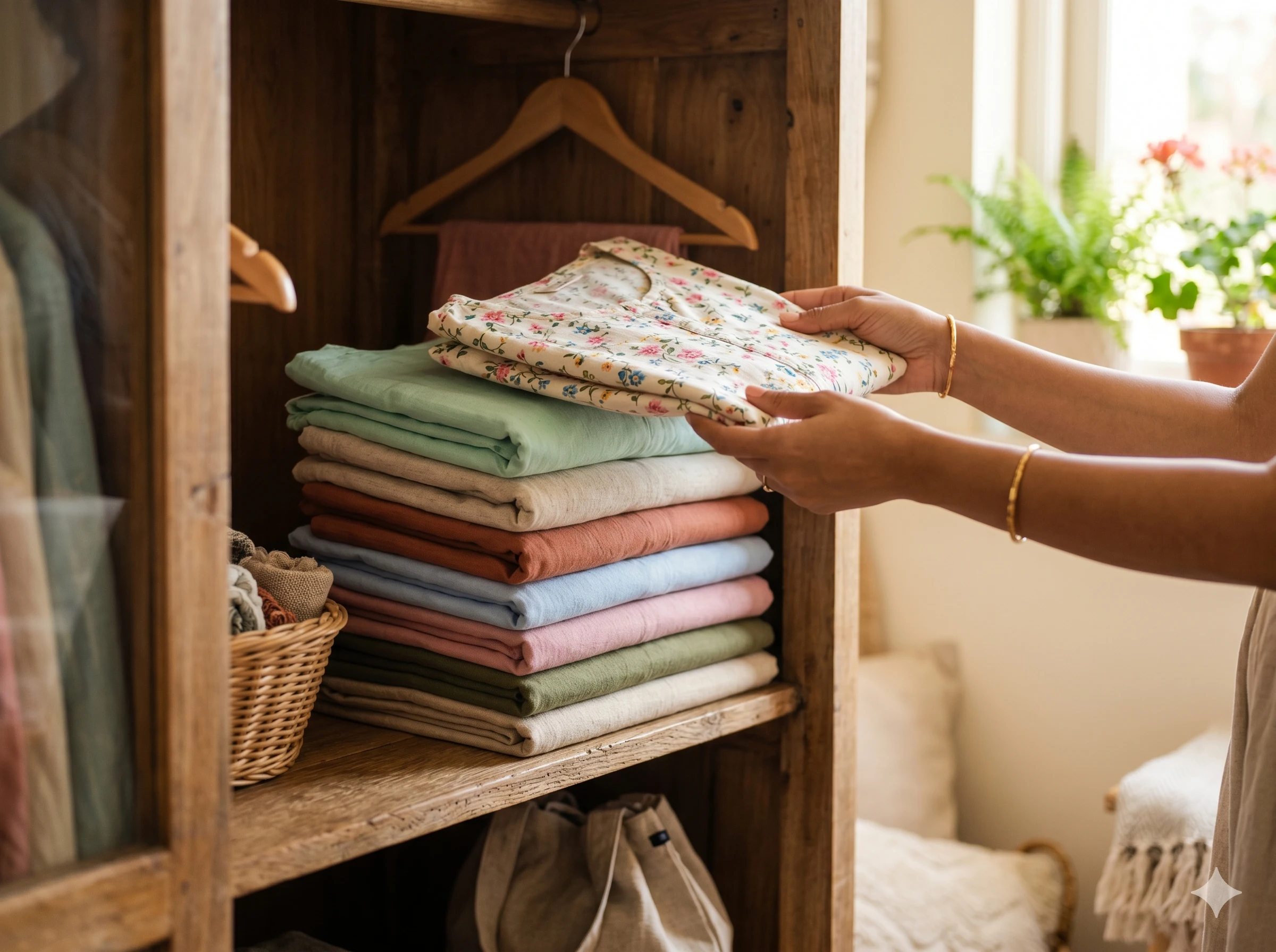 Neatly folded cotton and khadi kurtis organised in a wardrobe for easy mix-and-match dressing