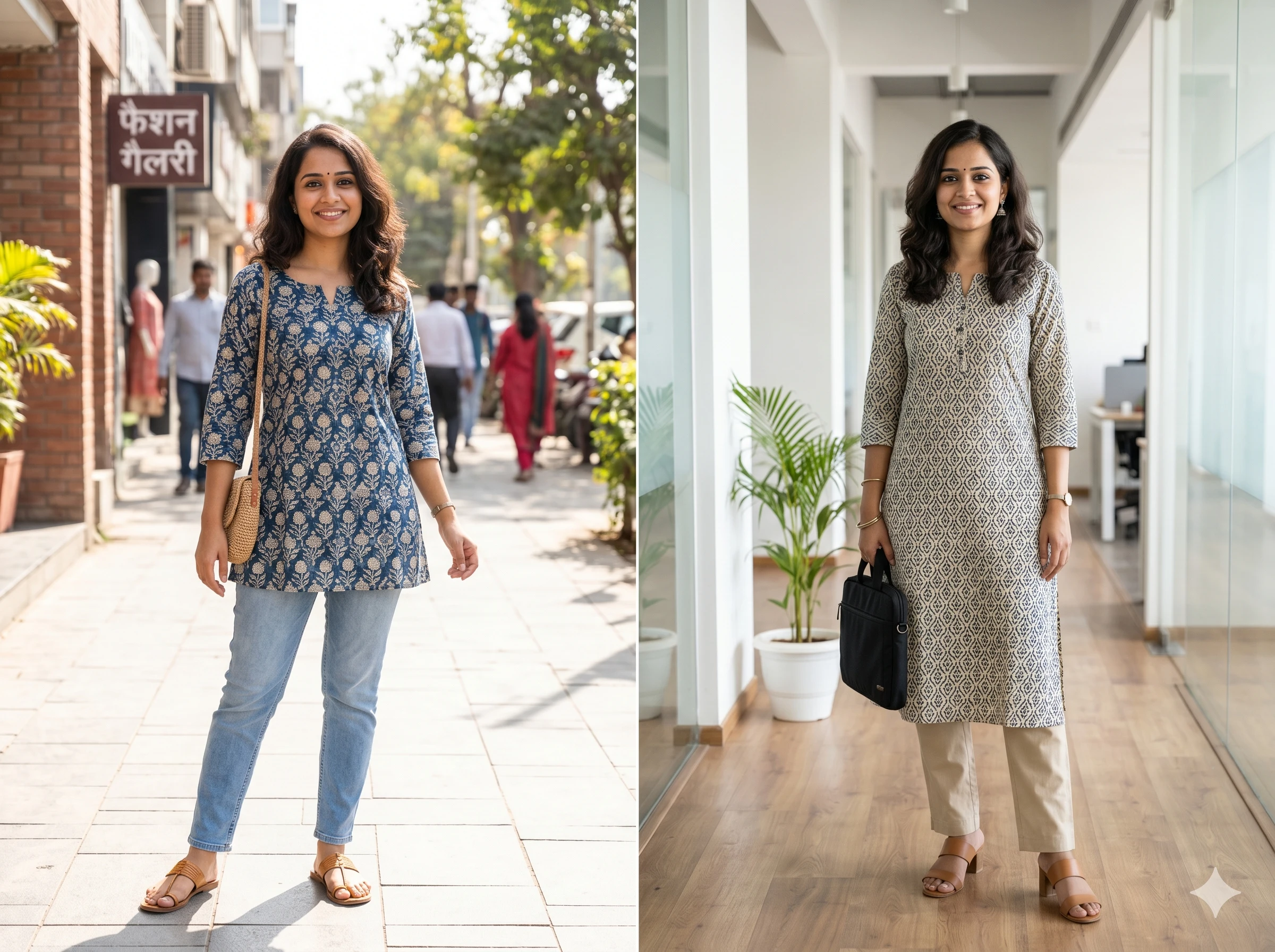 A side-by-side comparison of a South Asian woman showcasing two different outfits. On the left, she wears a casual outfit: a short blue block-printed tunic (kurti) paired with light-wash jeans, tan sandals, and a woven shoulder bag on a sunny sidewalk. On the right, she wears a professional outfit: a long grey and white geometric print kurta with beige trousers, block-heeled sandals, and a black laptop bag in a modern office hallway.
