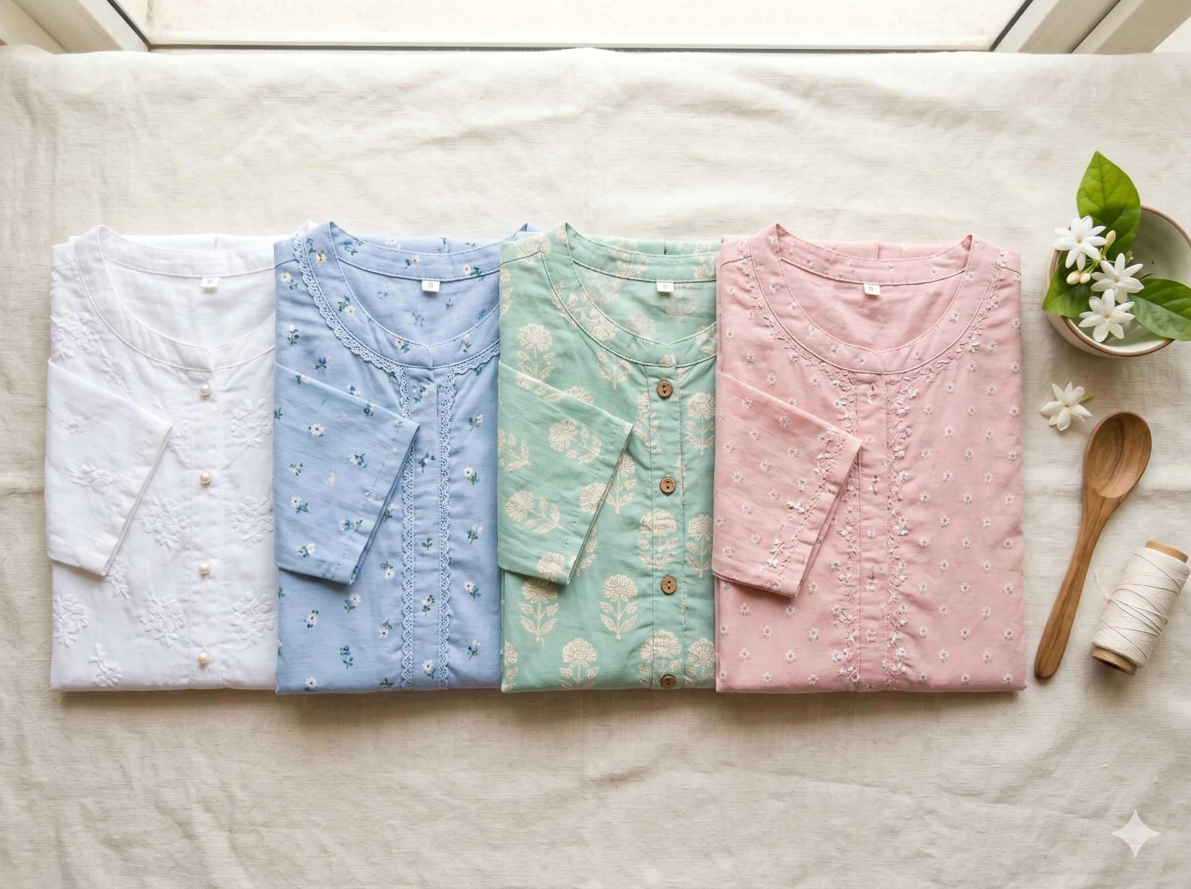 A flat-lay of versatile kurtis in neutral and pastel shades that mix and match easily