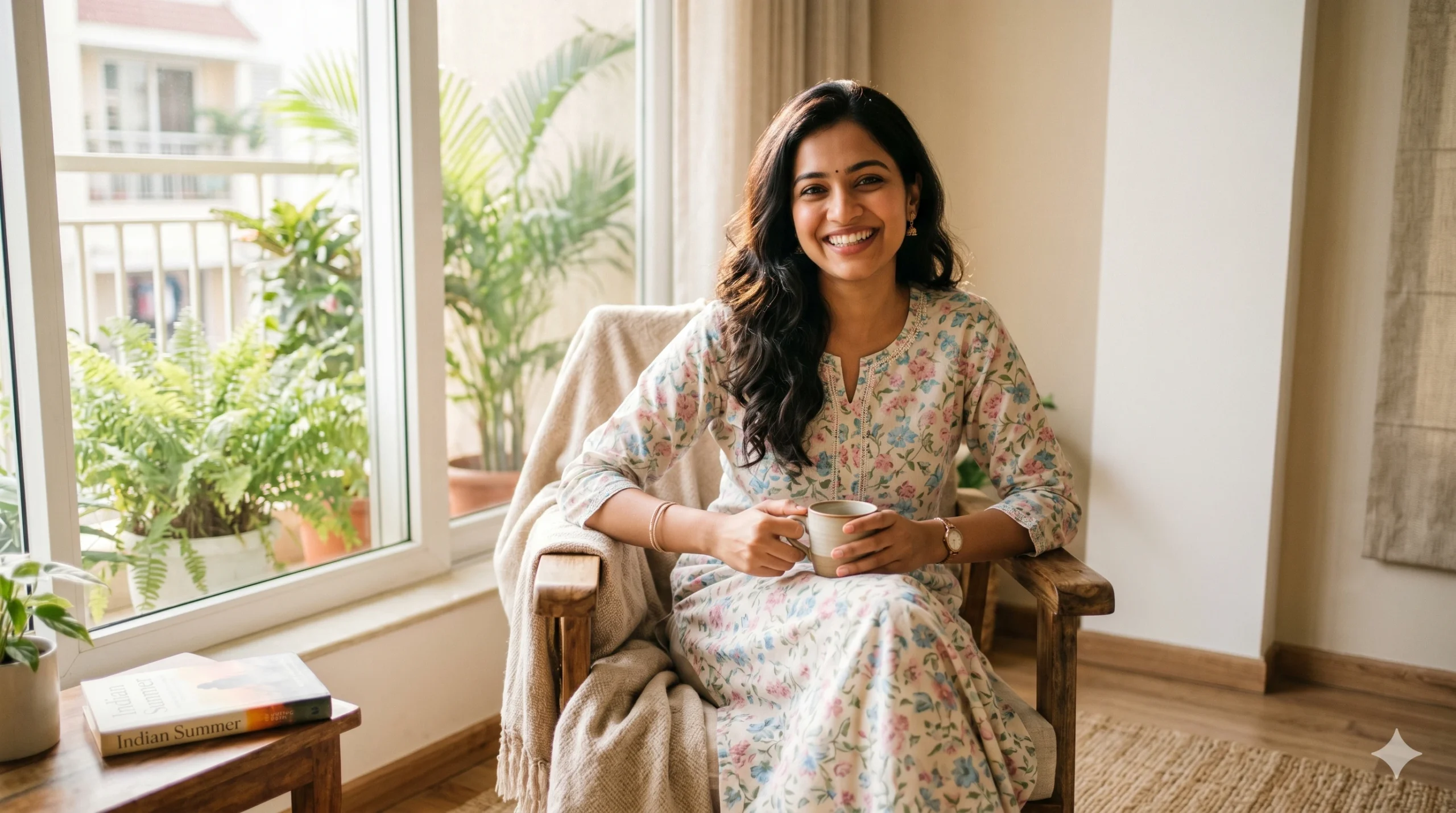 A smiling South Asian woman sitting in a wooden armchair, holding a mug. She is wearing a white floral kurti, and a beige blanket is draped over the chair. A large window with green potted plants is in the background.